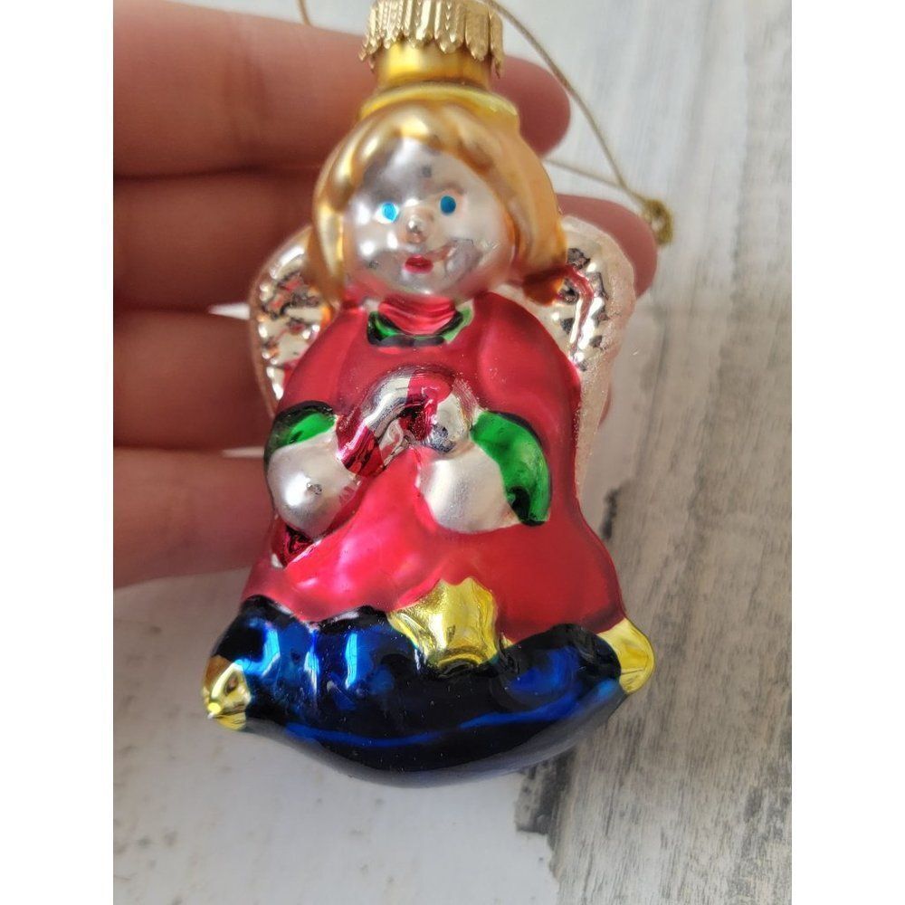 Cherub Angel candy cane red blown glass ornament Xmas decor glitter star